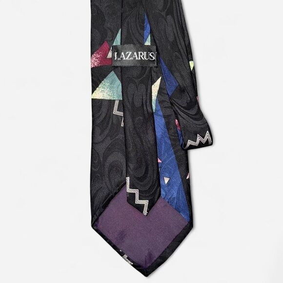 Vintage 80s Lazarus Black and Blue Geometric Tie - Picture 3 of 7